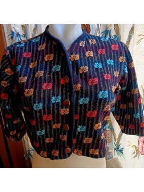 True Vintage Small Cardigan Jacket Cropped 1960s Multicolor Floral Knit Prep Mod